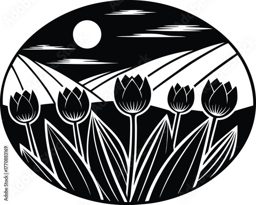 Tulip Valley Under Glowing Sunset Silhouette | Serene Springtime Evening Scene