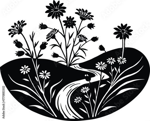 Wildflowers Along River Bend Silhouette | Calm Riverside Floral Scene
