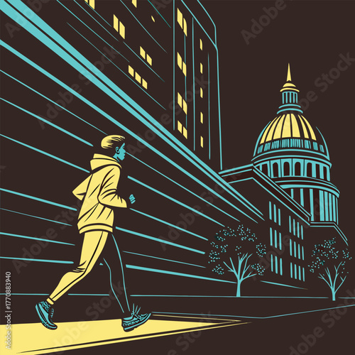 Man jogging in stylized city at night with glowing buildings