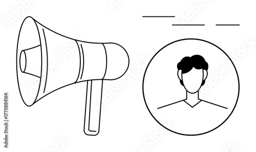 Megaphone symbolizing announcement, message amplification, next to a circular portrait of a person. Ideal for marketing, promotion, advertising, communication, outreach, leadership digital
