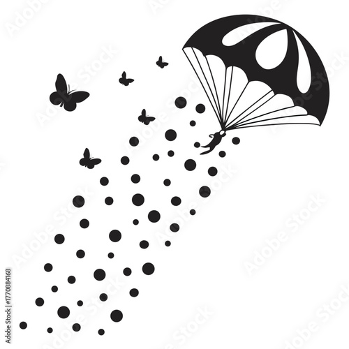 Parachutist silhouette with butterflies and falling dots