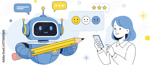 Customer satisfaction survey with robot and woman