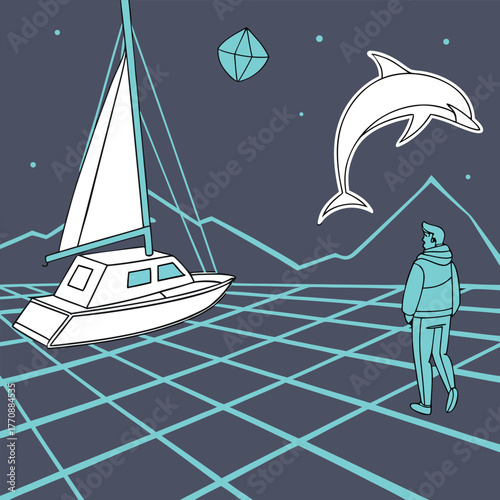 Retro Futuristic Scene with Man, Sailboat, and Dolphin