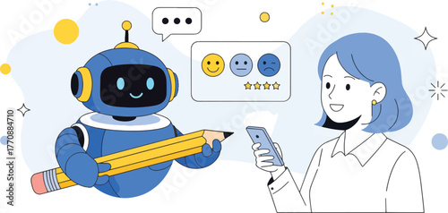 Customer satisfaction survey with robot and woman