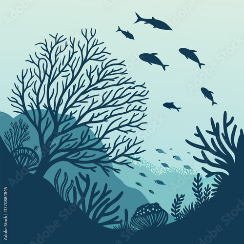 Silhouette of an underwater coral reef with fish and sharks
