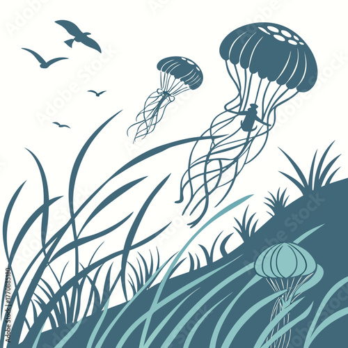 Jellyfish and Seagulls Above Grassy Shoreline ocean