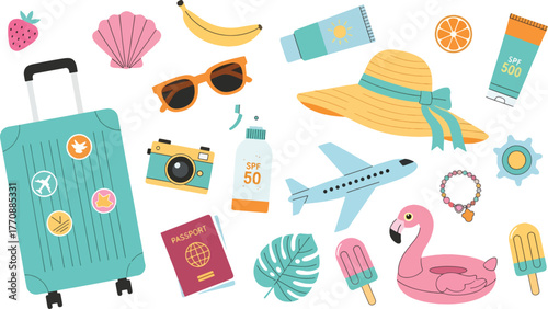 Summer vacation items, travel and beach accessories