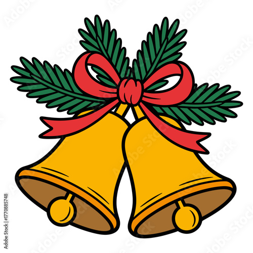 Two golden bells tied with a red ribbon and green pine branches, symbolizing festive Christmas cheer and holiday joy