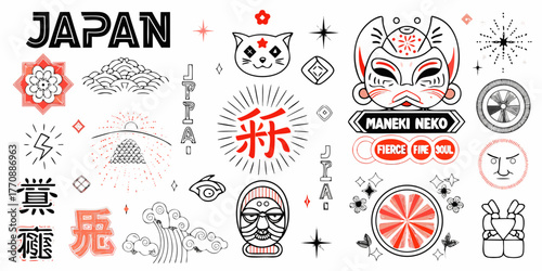 Collection of japanese cultural icons and symbols with a modern graphic art style