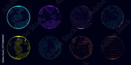 Abstract digital globes representing global connectivity and data in various neon colors