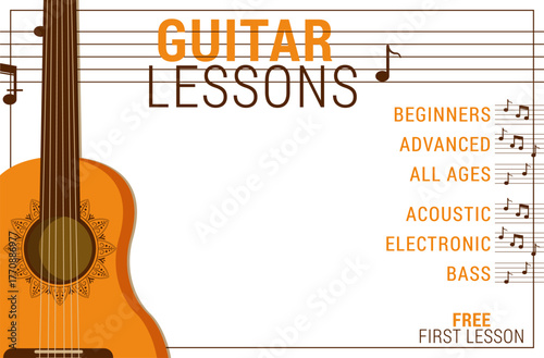 A minimalist banner featuring guitar and music elements. Template for an advert for an instrumental lesson, music festival, party, etc.