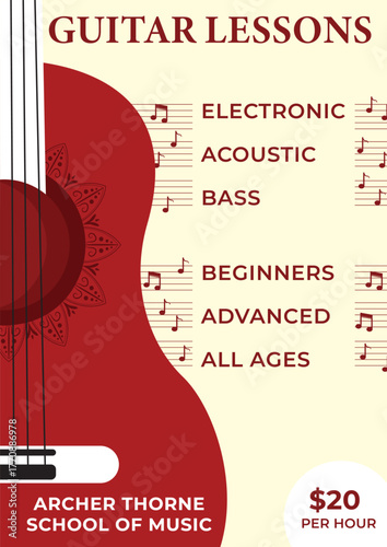 A minimalist retro poster or flyer in red with guitar and music elements. A template for an announcement about instrumental lessons, a music festival, a party, etc.