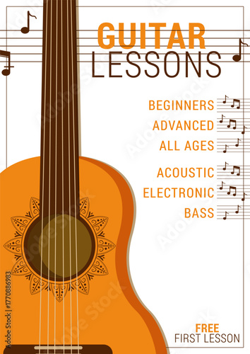 A vibrant, minimalist poster or flyer template featuring guitar and music elements. This template is perfect for advertising an instrumental lesson, a music festival, a party, etc.