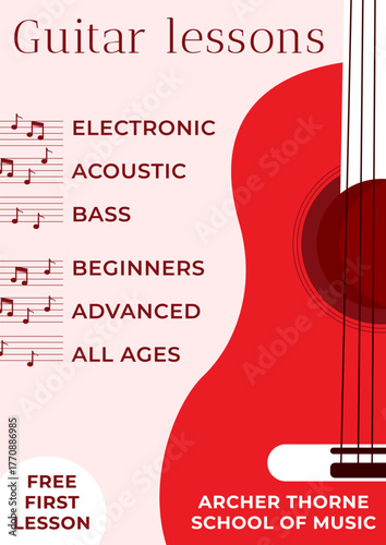 A minimalist red poster or flyer template featuring guitar and music elements. This template is for an announcement about an instrumental lesson, a music festival, a party, etc.