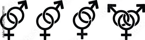 Inclusive gender identity symbols, LGBT pride icons, male female relationship signs, gay lesbian bisexual polyamory equality, diversity representation illustration