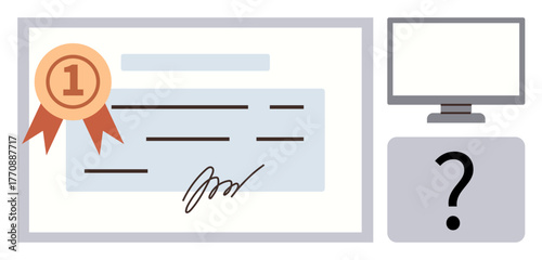 Certification with award ribbon adjacent to a computer showing assessment results. Ideal for online learning, professional achievement, education, skill validation, digital tools, career growth