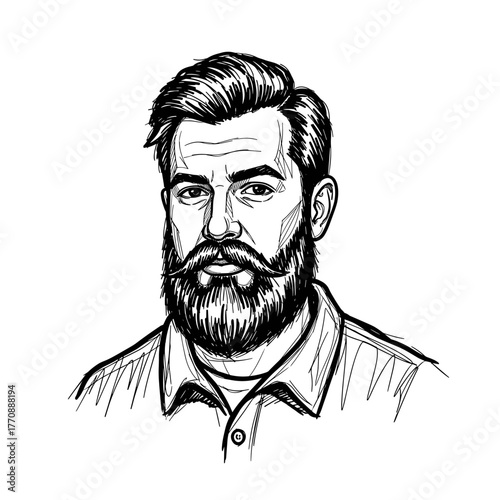 Bearded man in shirt with serious expression in sketch vector for branding use