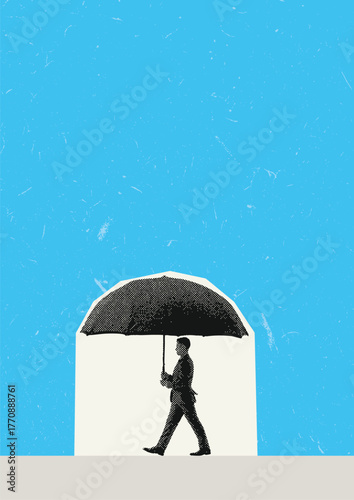 Halftone illustration of a businessman walking under an umbrella symbolizing protection, security, and resilience