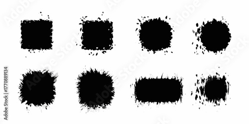 Collection of eight black abstract grunge shapes and borders on a white background