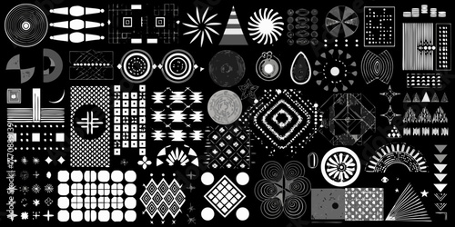 Collection of abstract geometric shapes and patterns in black and white monochrome design elements