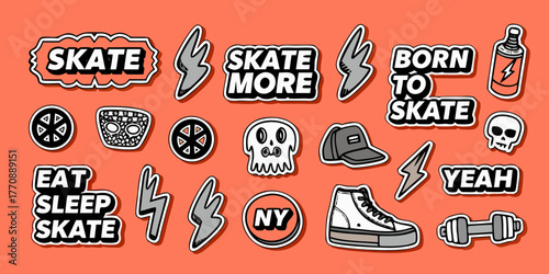 Collection of cool skate themed stickers with text and illustrations on a vibrant orange background
