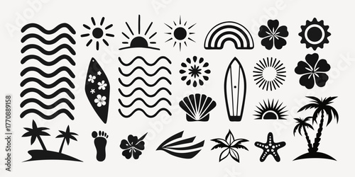 Collection of black silhouette summer vacation and beach icons set on a light background