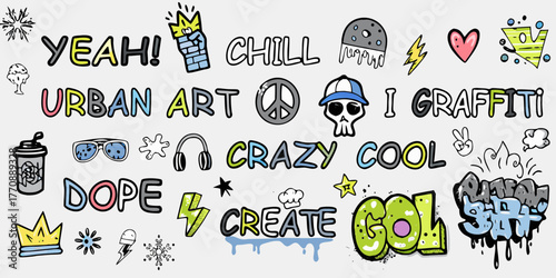 Vibrant and fun urban art doodles with graffiti style lettering and symbols