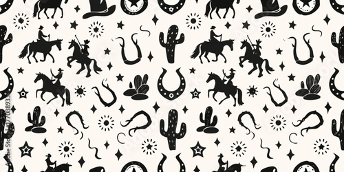 Seamless pattern of cowboy silhouettes on horseback with western elements like cactuses and horseshoes