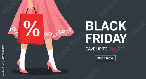 Black friday sale advertisement with a woman in pink dress holding shopping bag