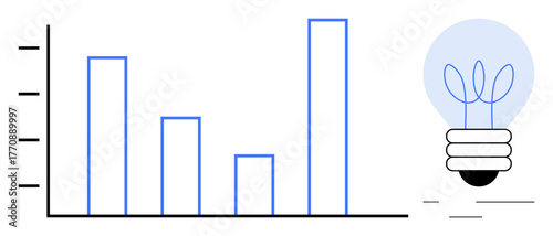 Bar chart with varying heights representing analytics and data trends beside a glowing light bulb symbolizing ideas, innovation, and growth. Ideal for business, strategy, success, brainstorming