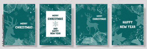 Set of Merry Christmas and New Year cards with minimalist reindeer, snowflakes, and winter branches in white outline  on  teal background. Trendy winter banner, poster or greeting card template