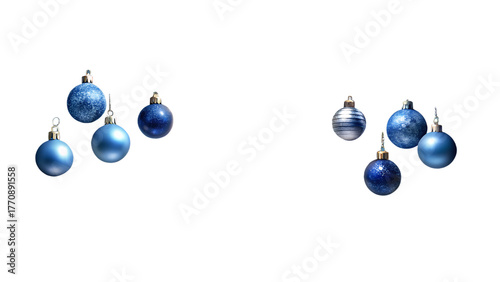 3d illustration of several blue christmas baubles scattered on a transparent background, some shiny and some matte, with a festive and decorative feel
