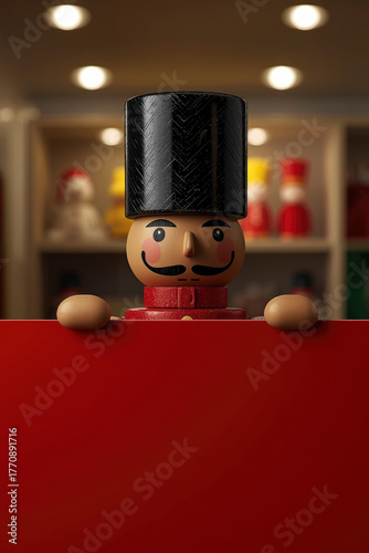 Wooden toy soldier peek-a-booing over a blank red sign, creating copy space