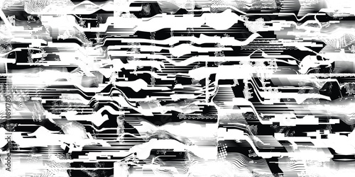 Glitch distorted grungy abstract forms . Cyber punk seamless pattern texture. Halftone dots .Futuristic background . Glitched shapes with dots and lines .Screen print endless pattern texture