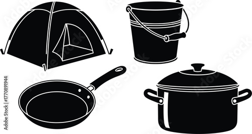 Camping gear including a tent, cooking pot, frying pan, and bucket for outdoor adventures