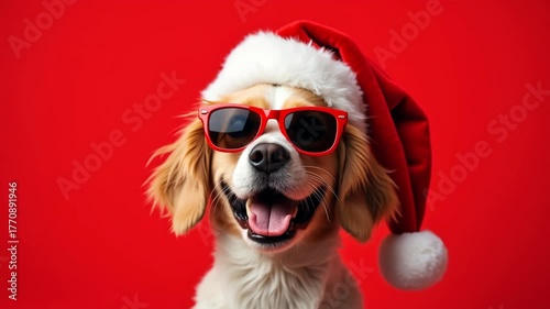 Merry Christmas concept holiday vacation winter animal pet greeting card - Cool santa claus dog with sunglasses and santa hat, isolated on red background