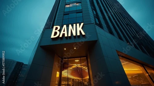 Modern bank building with illuminated sign in the evening 
