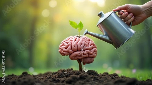 Human brain growing from a flower, watering can is pouring water on the mind, mental health concept, positive attitude, creative thinking