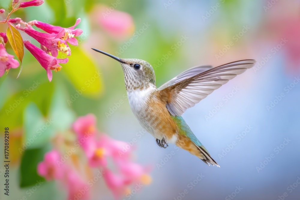 Naklejka premium Hummingbird in flight near vibrant pink flowers, showcasing delicate wings and intricate details, capturing the beauty of nature and the essence of wildlife photography
