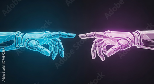 Two robot hands reaching out to each other in a dark background