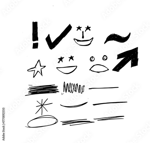 vector set of black and white icons, A creative collection of trendy hand-drawn doodles designed in a rough chalk sketch style. Includes graffiti-inspired hearts, stars, crowns, and other playful symb