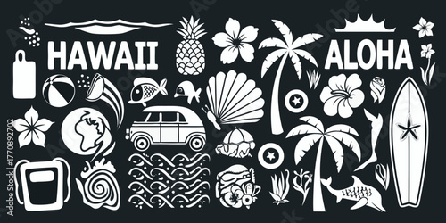 Hawaiian aloha tropical vacation icons and symbols collection on dark background