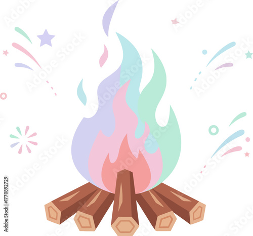 Colorful campfire flames over wooden logs.