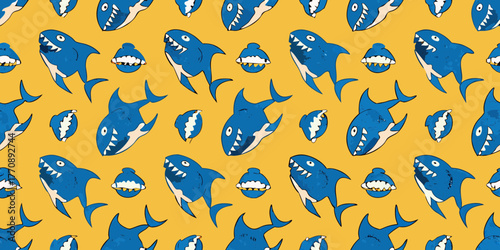 Whimsical blue sharks with open mouths and sharp teeth pattern on yellow background