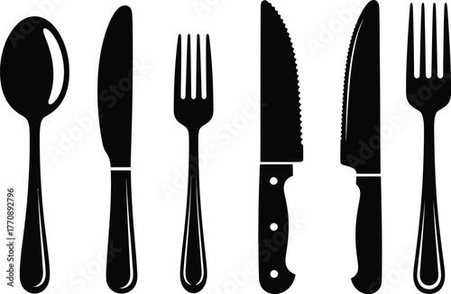 Collection of elegant black cutlery silhouettes on a white background