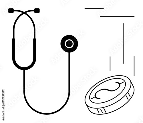 Stethoscope alongside a coin in minimal style. Ideal for health finance, medical insurance, cost analysis, healthcare management, budgeting, economic strategy, simple flat metaphor