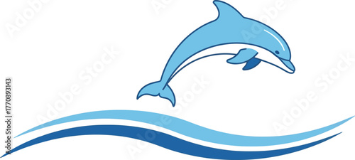 Dolphin jumping over stylized waves silhouette.