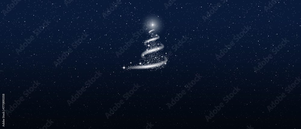 Obraz premium Symbol of Christmas and New Year. Sparkling Christmas tree with snow, stars, and a snowstorm against a starry sky. Template for New Year and Christmas projects.