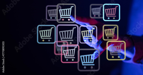 Fotografi Hand touching shopping cart icons, symbolizing online shopping, e-commerce, digital retail, and modern purchasing experiences