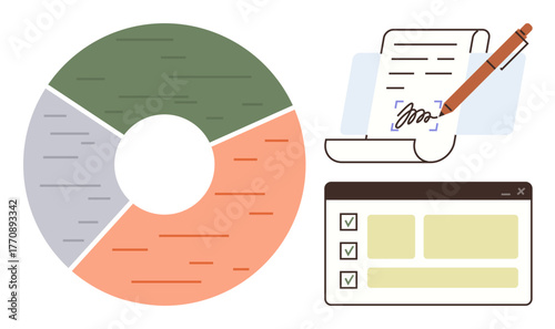Pie chart with four colored segments, digitally signed document, and a web-style checklist panel. Ideal for business, analytics, planning, organization, task management, contracts minimal flat